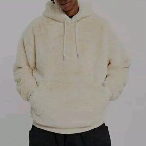 ASOS DESIGN Unisex oversized hoodie In beige faux fur Medium